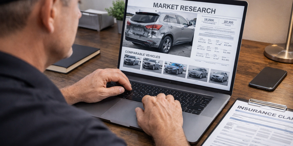 Person researching car market and insurance claims on laptop.