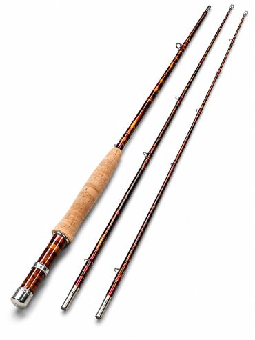 A three-piece fishing rod with a wooden handle and metal guides.