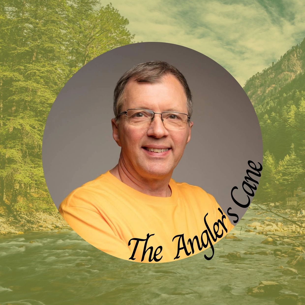 Smiling man in yellow shirt with 'The Angler's Cane' text on nature background.