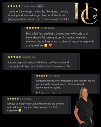 Positive reviews praising Carly's professionalism, care and personalised approach to aesthetic treatments.