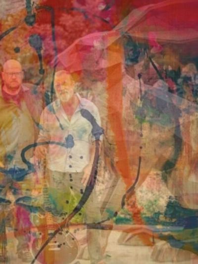 Abstract overlay of two men with colorful artistic brush strokes.