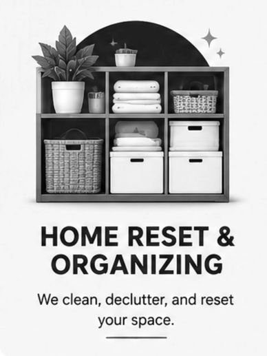 Neatly organized home shelf with cleaning service advertisement.