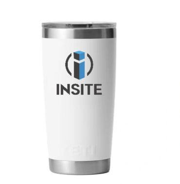 White insulated tumbler with INSITE logo and stainless steel accents.