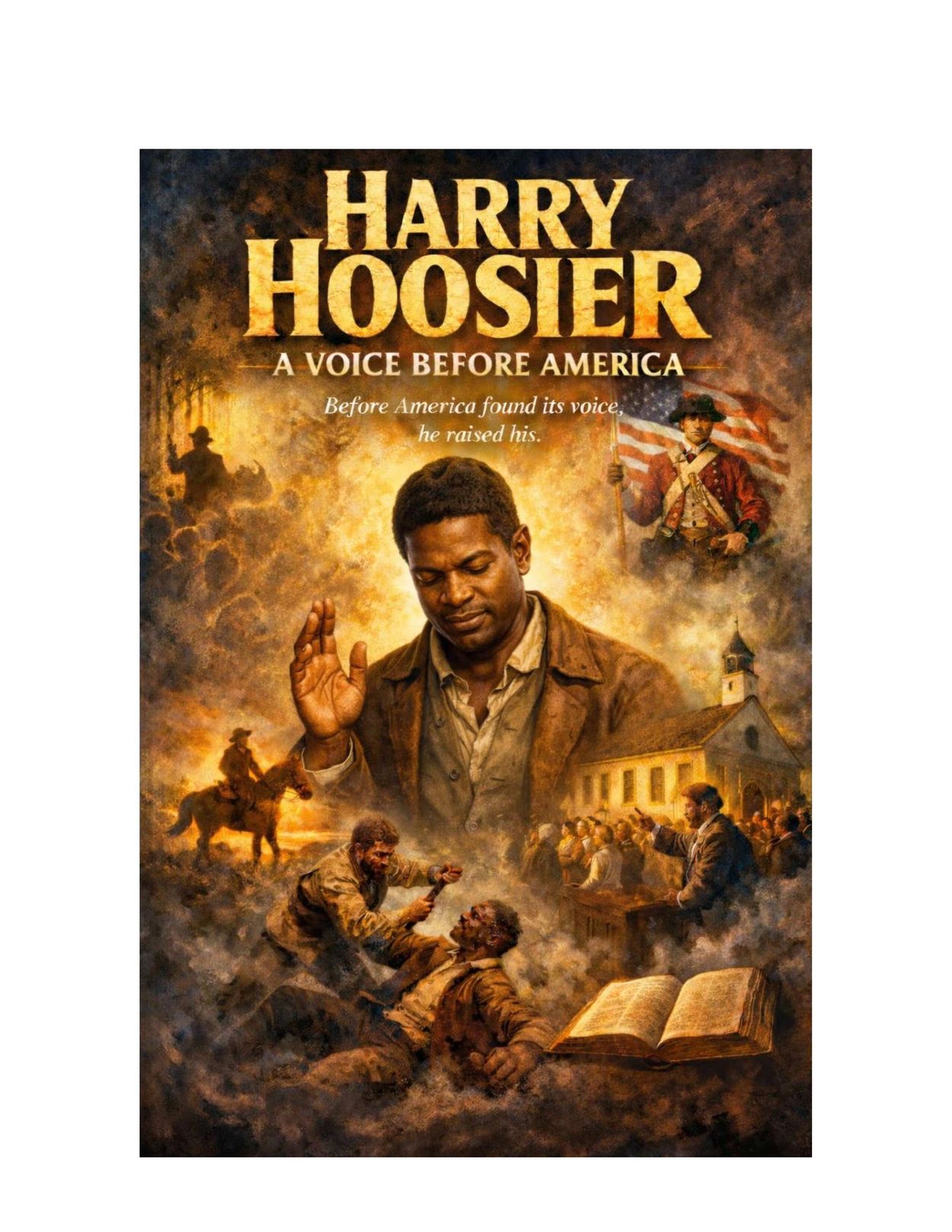 Harry Hoosier movie poster showing a man praying with historical scenes behind.