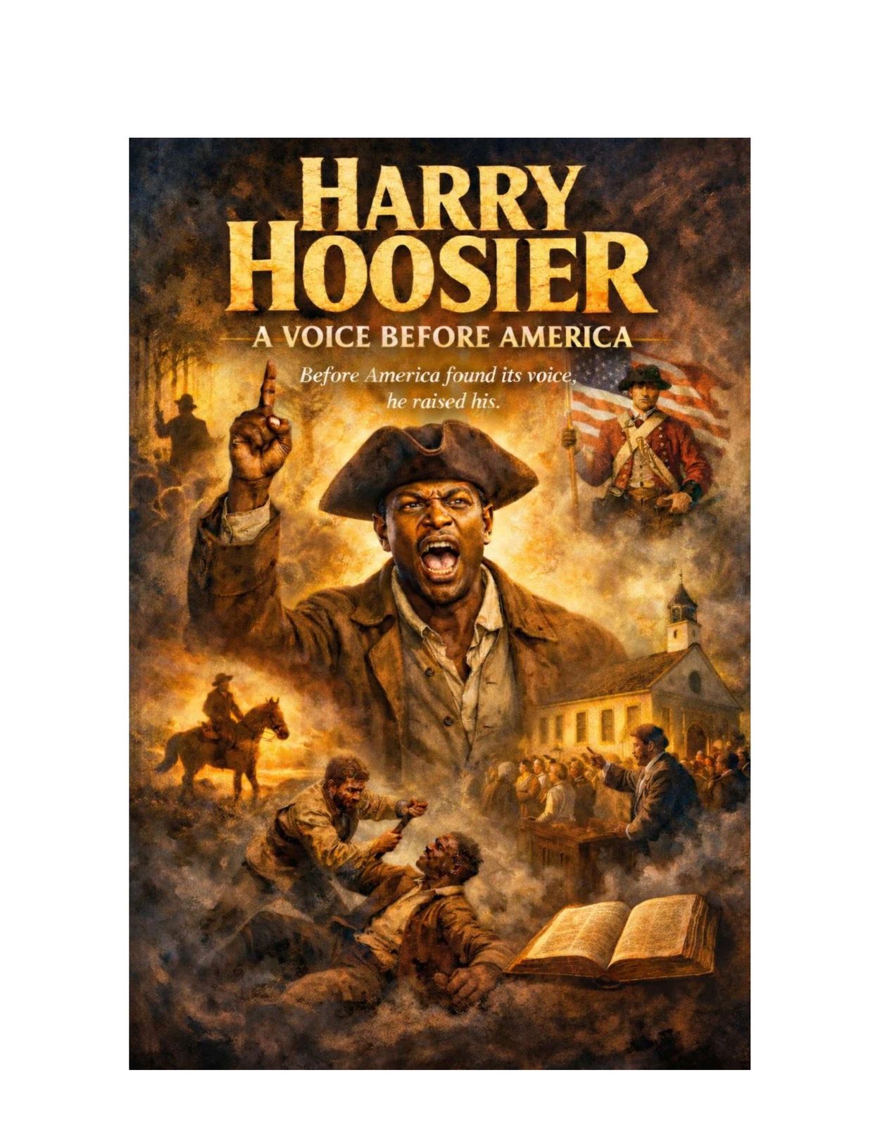 Dramatic poster of 'Harry Hoosier: A Voice Before America' featuring a passionate man in colonial attire.