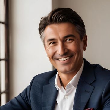 Smiling man in a blue suit and white shirt near window.