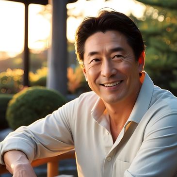 Smiling man enjoying sunset outdoors in casual white shirt.