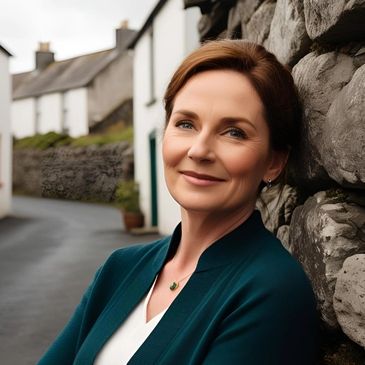 Confident woman leaning against a stone wall in a quiet village street.