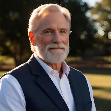 Smiling elderly man with white hair and beard in a vest outdoors.