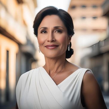 Elegant woman in a white dress smiling warmly in an urban setting.