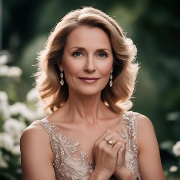 Elegant mature woman in a sparkling dress with gentle smile and clasped hands.