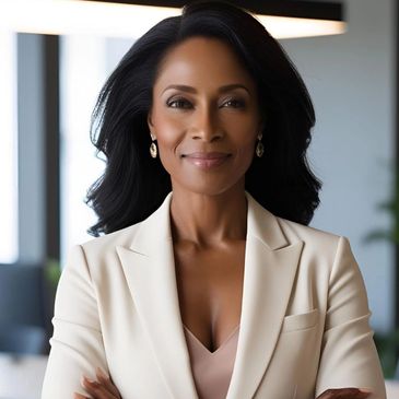 Confident businesswoman in a cream blazer with arms crossed, smiling in a modern office.