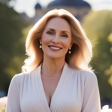 Elegant woman in white dress smiling outdoors with soft sunlight and flowers.