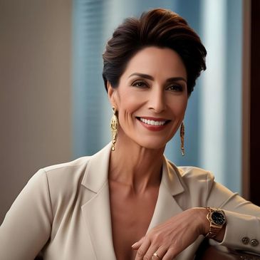 Confident woman with short hair and gold accessories smiling warmly.