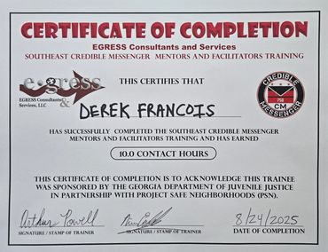 Certificate of Completion for Derek Francois from EGRESS Consultants and Services.