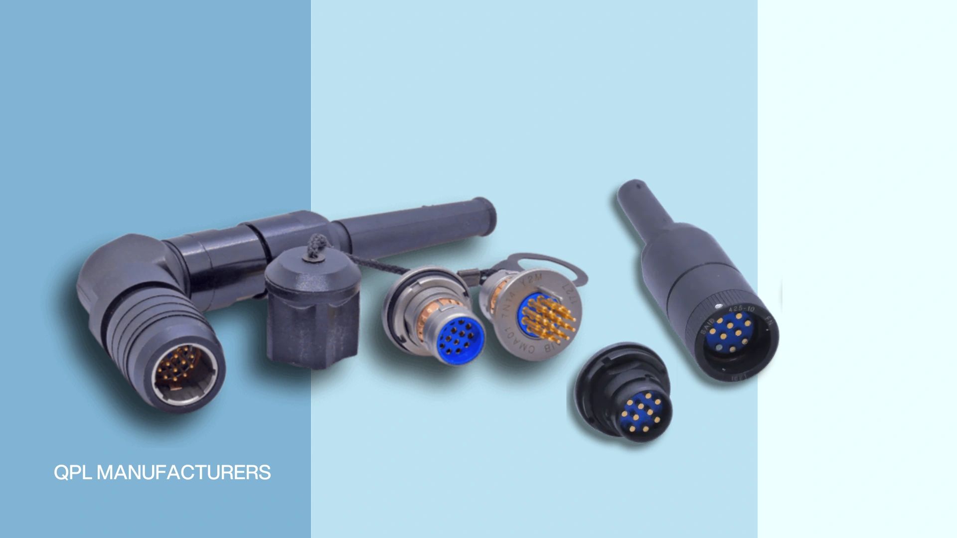 Military audio connectors on a blue background