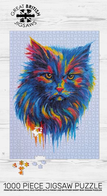 Colorful cat portrait jigsaw puzzle with 1000 pieces by Great British Jigsaws.