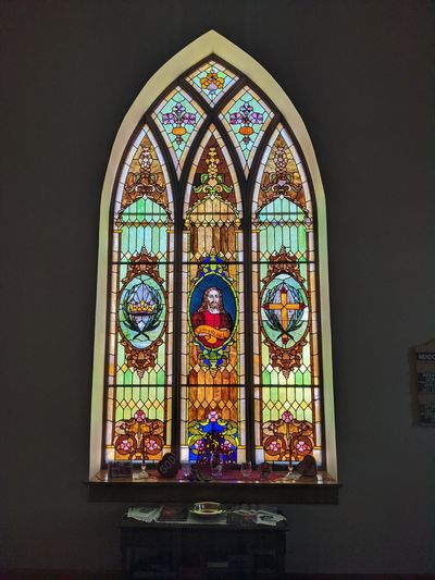 Stained glass window at the back of Mendon Community Church.