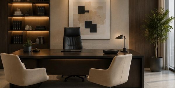 Modern executive office with minimalist design and warm lighting.