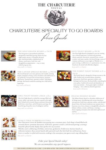 Price guide for various charcuterie to-go boards from The Charcuterie Social.