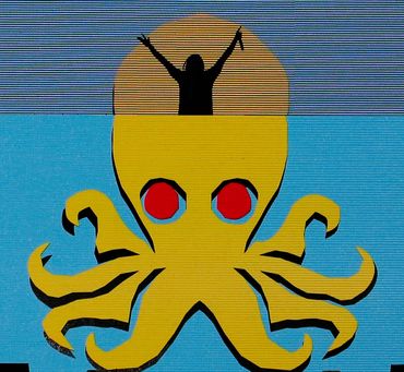 DJ and electronic music producer Steve Aoki performs a show in front of a giant octopus.