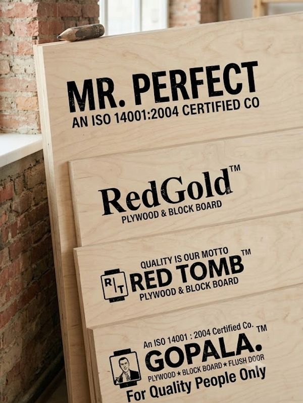 Stack of plywood boards with various brand names and certifications.