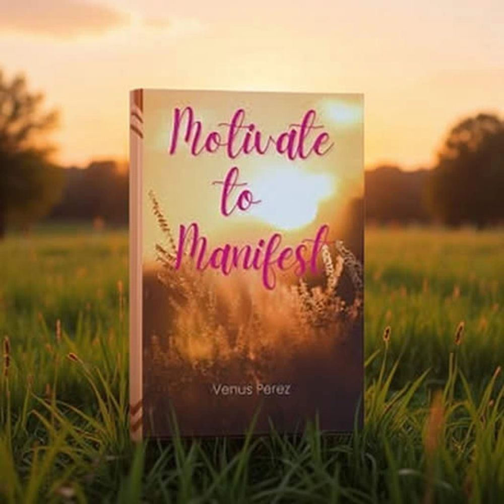 Book titled 'Motivate to Manifest' by Venus Perez in a field at sunset.