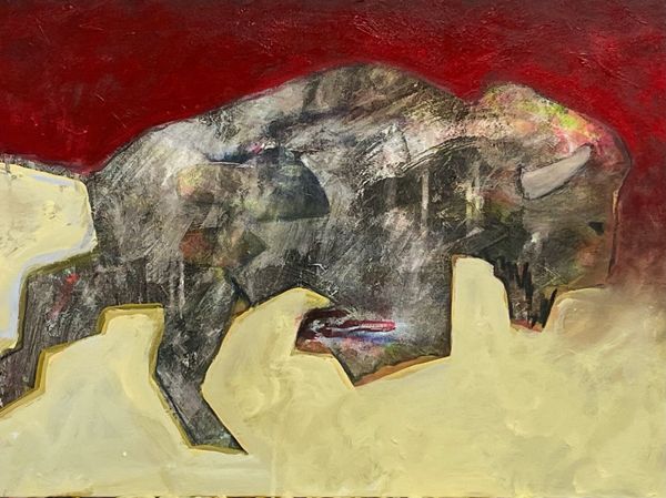 Black and white abstract buffalo running with front feet off the ground
on sand colored surface wit