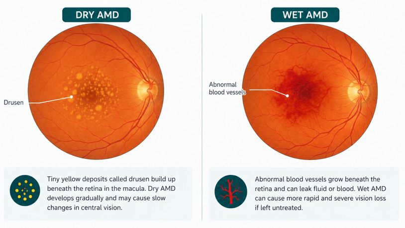 Comparison of dry and wet age-related macular degeneration showing drusen in dry AMD and abnormal bl