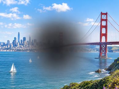 San Francisco Bay Area landscape showing simulated central vision loss from macular degeneration