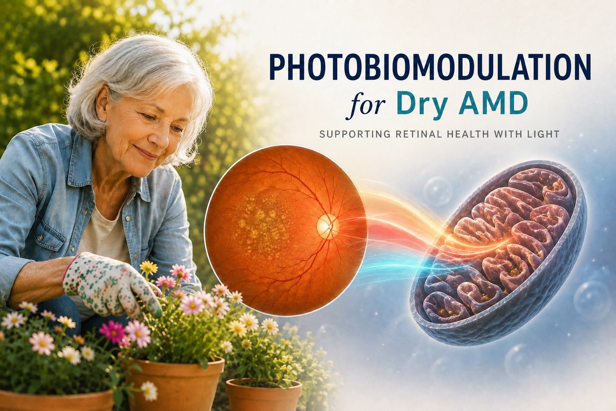 Retinal drusen and mitochondria illustrating light therapy for dry AMD