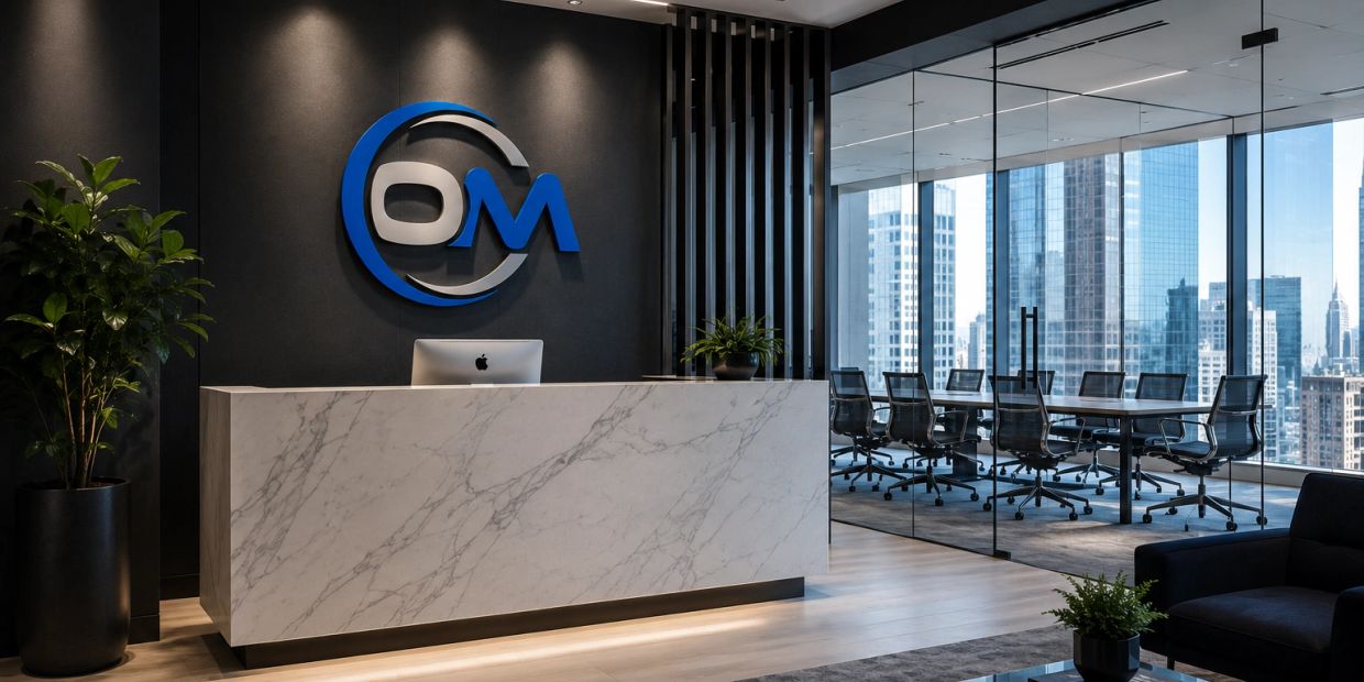 Modern office reception with marble desk and city view conference room.