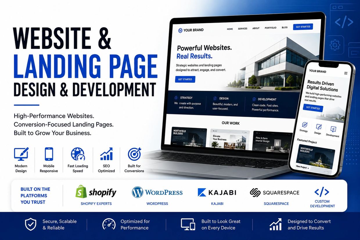 Website and landing page design and development services with modern, responsive, and SEO-optimized features.