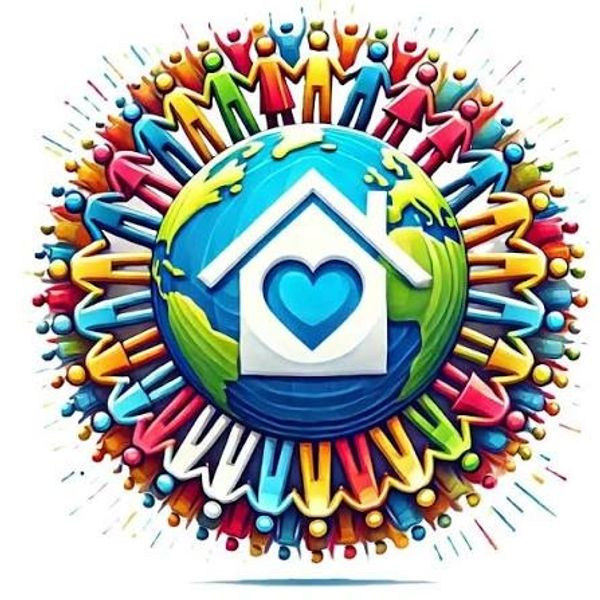 A globe with a house and heart symbol surrounded by colorful human figures.