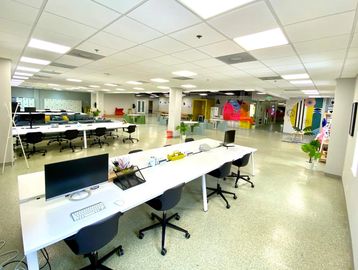mindwarehouse office space for rent with long white tables