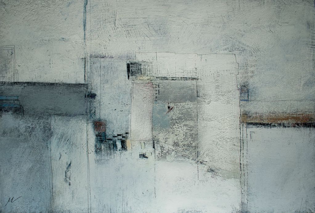 "Black and white tiles".
61 x 41  cm.
Encaustic and oils on birch ply.