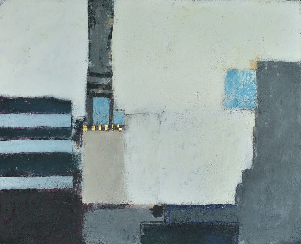 "Slate and Gold"
100 x 80 cm.
Encaustic, oils and gold leaf on hessian board.