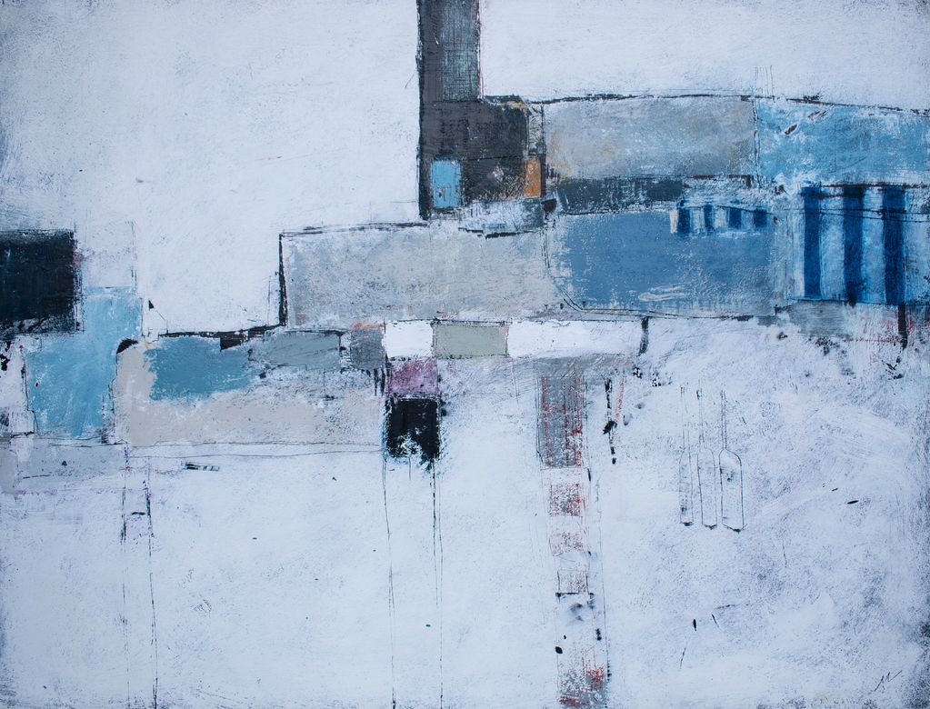 "Three empty bottles". 
81 x 61 cm.
Encaustics and oils on birch ply.
2022