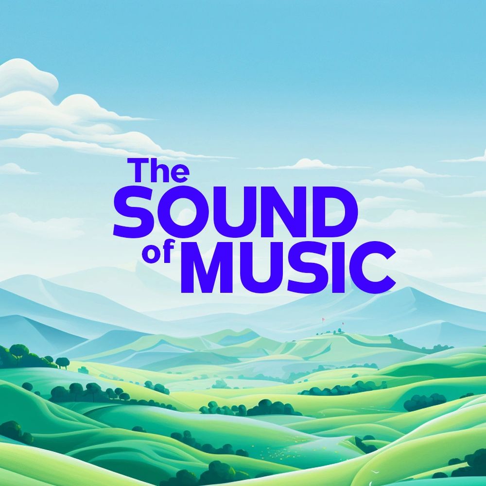 blue sky with puffy clouds, mountains and green pastures. Foreground is the show title in dark blue.