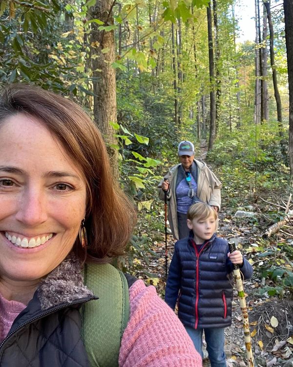 Hiking with my son and mother in the Cherokee National Forest wearing hand embroidered earrings.