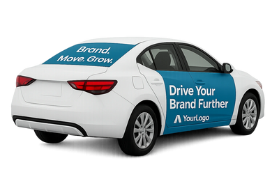 White sedan with blue branding promoting business growth and branding.