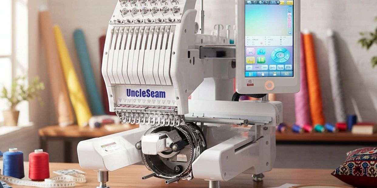 Modern embroidery machine with colorful threads and fabric in a bright workspace.