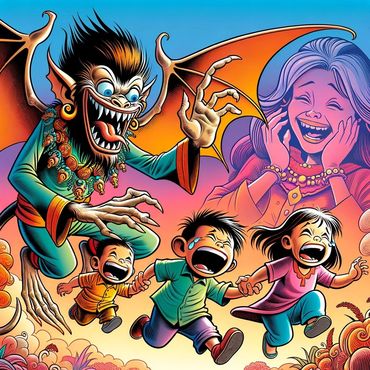 Colorful cartoon scene of children running away from a scary bat-like creature with a laughing woman in the background.