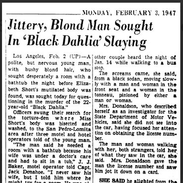 February 3, 1947 Newspaper Story: Jittery, Blonde Man Sought In 'Black Dahlia' Slaying