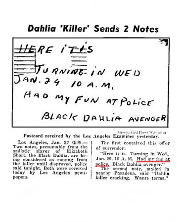 Dahlia Killer's note to the Los Angeles Examiner