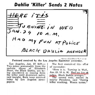 Dahlia Killer's note to the Los Angeles Examiner