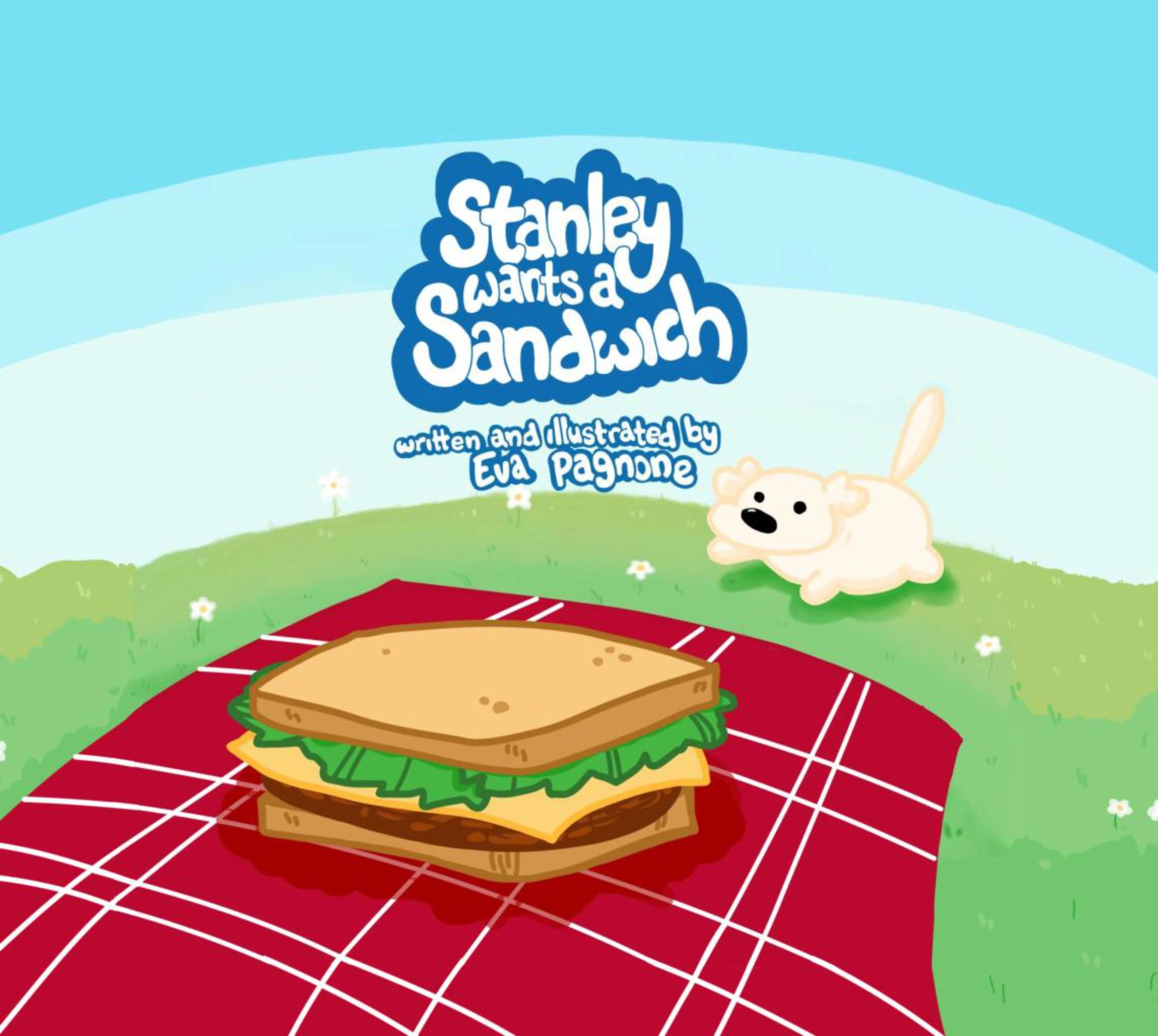 Stanley, a sweet and adorable dog, is running towards a picnic blanket that has a sandwich on it.