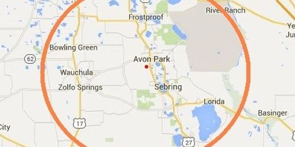 Map showing Avon Park and surrounding towns in Florida.