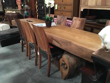 Rare 6" thick live edge teak dining table, mounted on root legs crafted by the Decor Direct Team