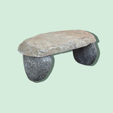 rustic stone hand crafted japanese style garden bench of granite, simple ball legs hand hewn top